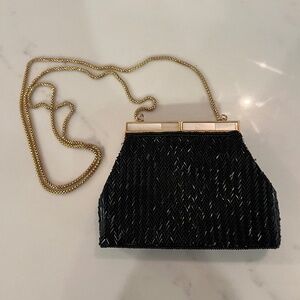 1970's Vintage Mini Black Beaded Crossbody Evening Bag, Gold Tone Chain